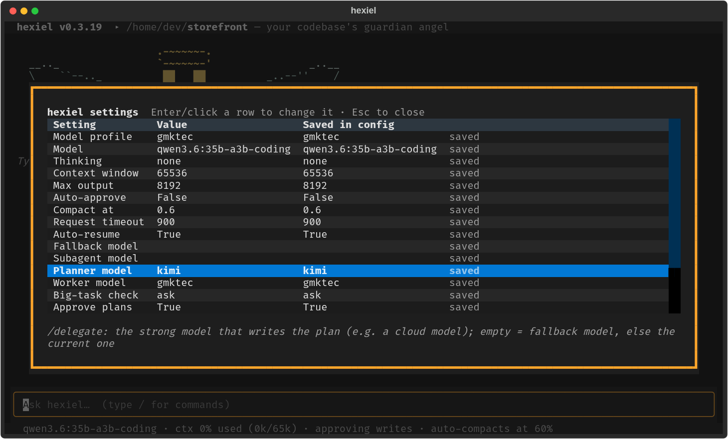 hexiel's settings screen with the Planner model row highlighted showing kimi, Worker model (your local profile) and Big-task check ask