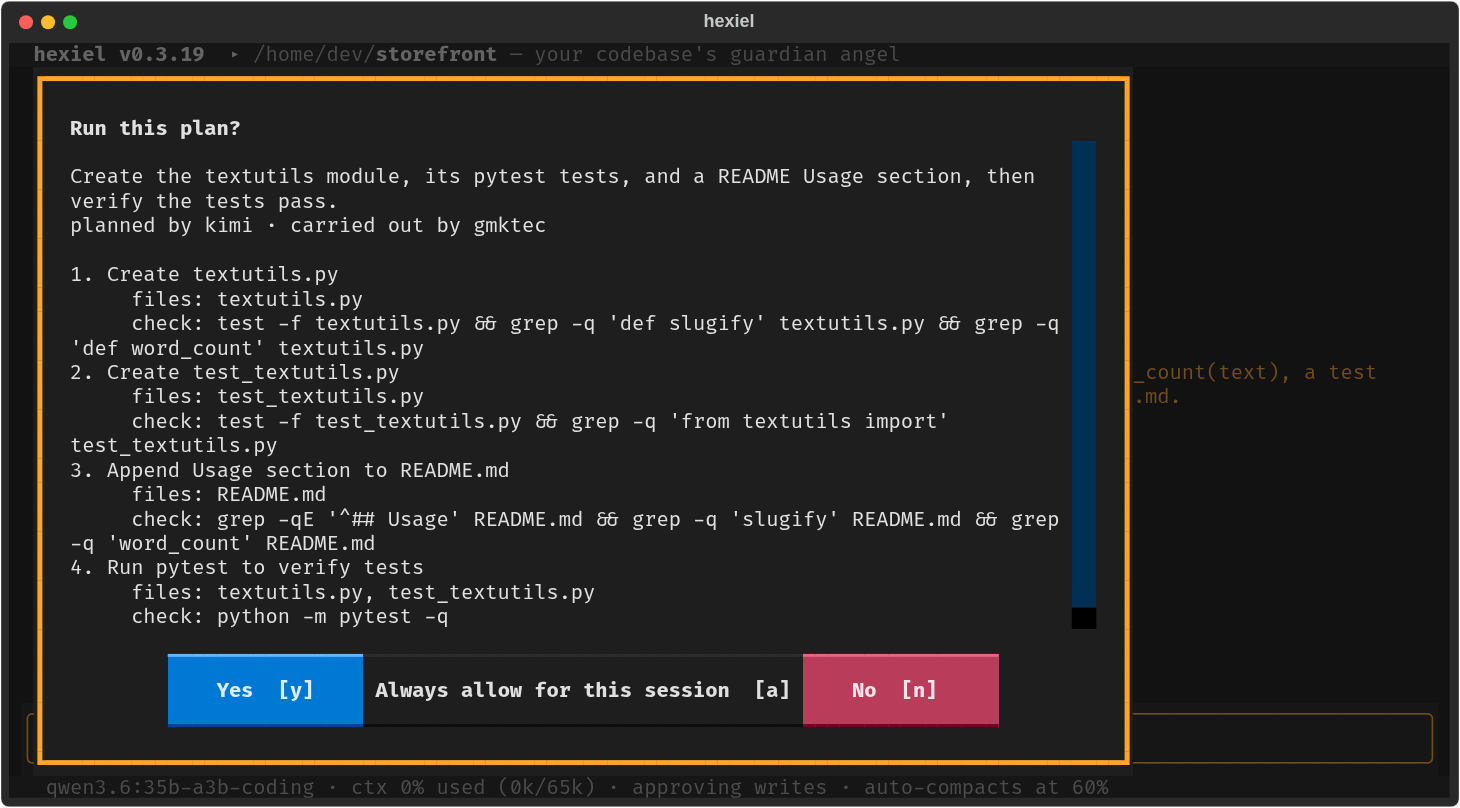 hexiel's Run this plan? dialog listing four steps with their files and check commands, planned by kimi and carried out by your local model