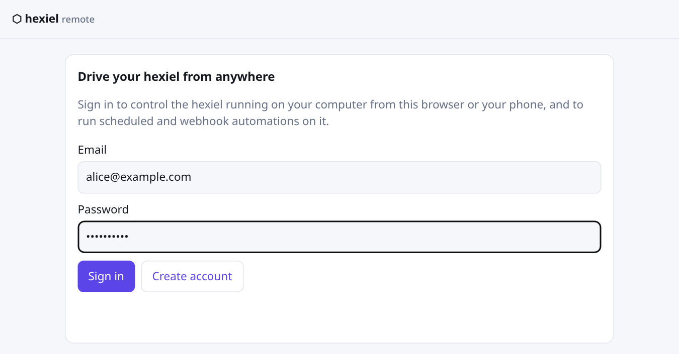 The Hexiel Remote sign-in page with email and password fields and Sign in and Create account buttons