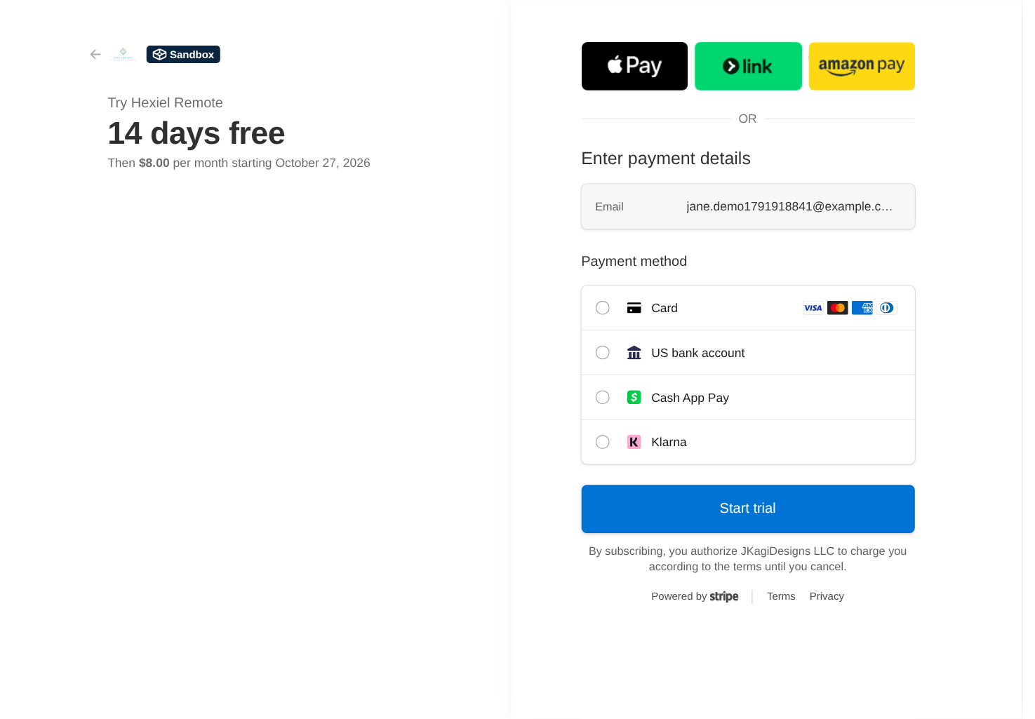 Stripe's secure checkout showing Try Hexiel Remote, 14 days free, then $8.00 per month, with a card form