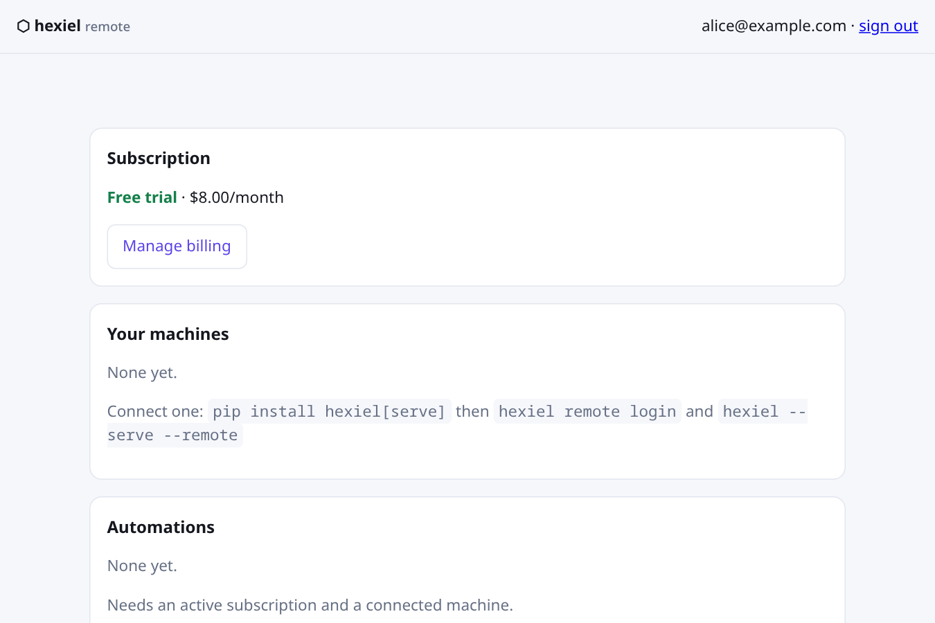 The account page showing Free trial status and the commands to connect a machine
