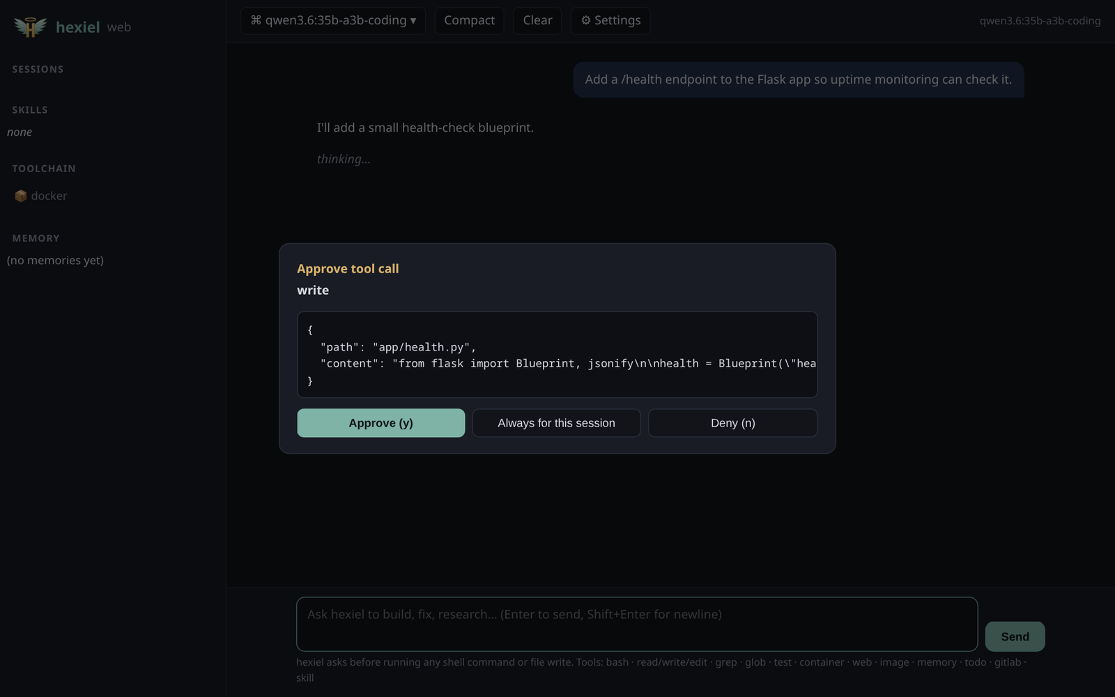 hexiel's web UI showing an Approve tool call dialog for writing app/health.py with Approve, Always for this session and Deny buttons