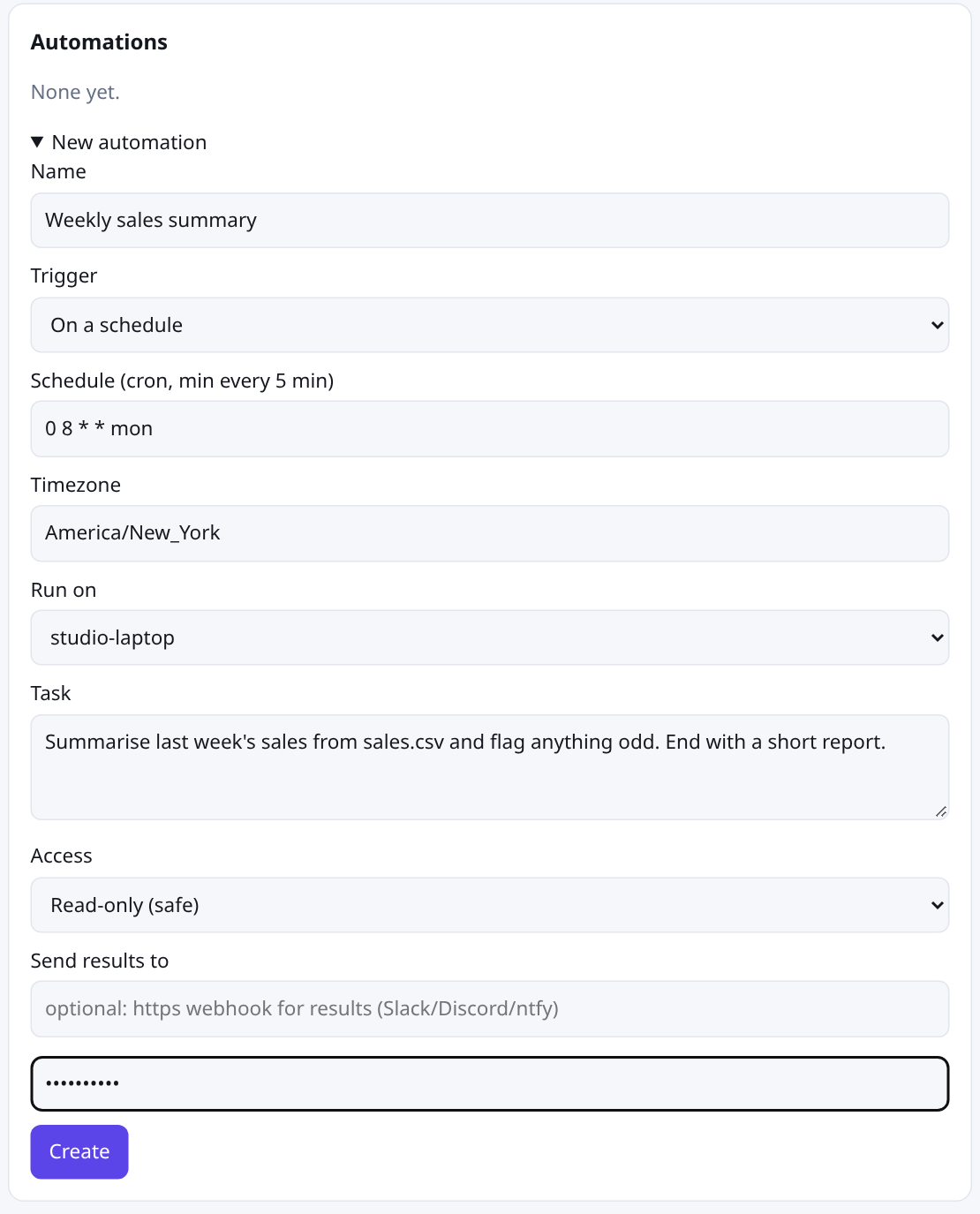 The New automation form with name, schedule, timezone, machine, task, access level and results webhook fields