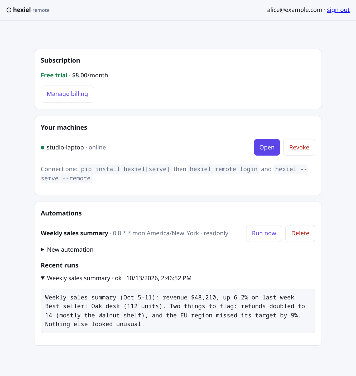 The account page showing the Weekly sales summary automation and its latest run result with a short sales report
