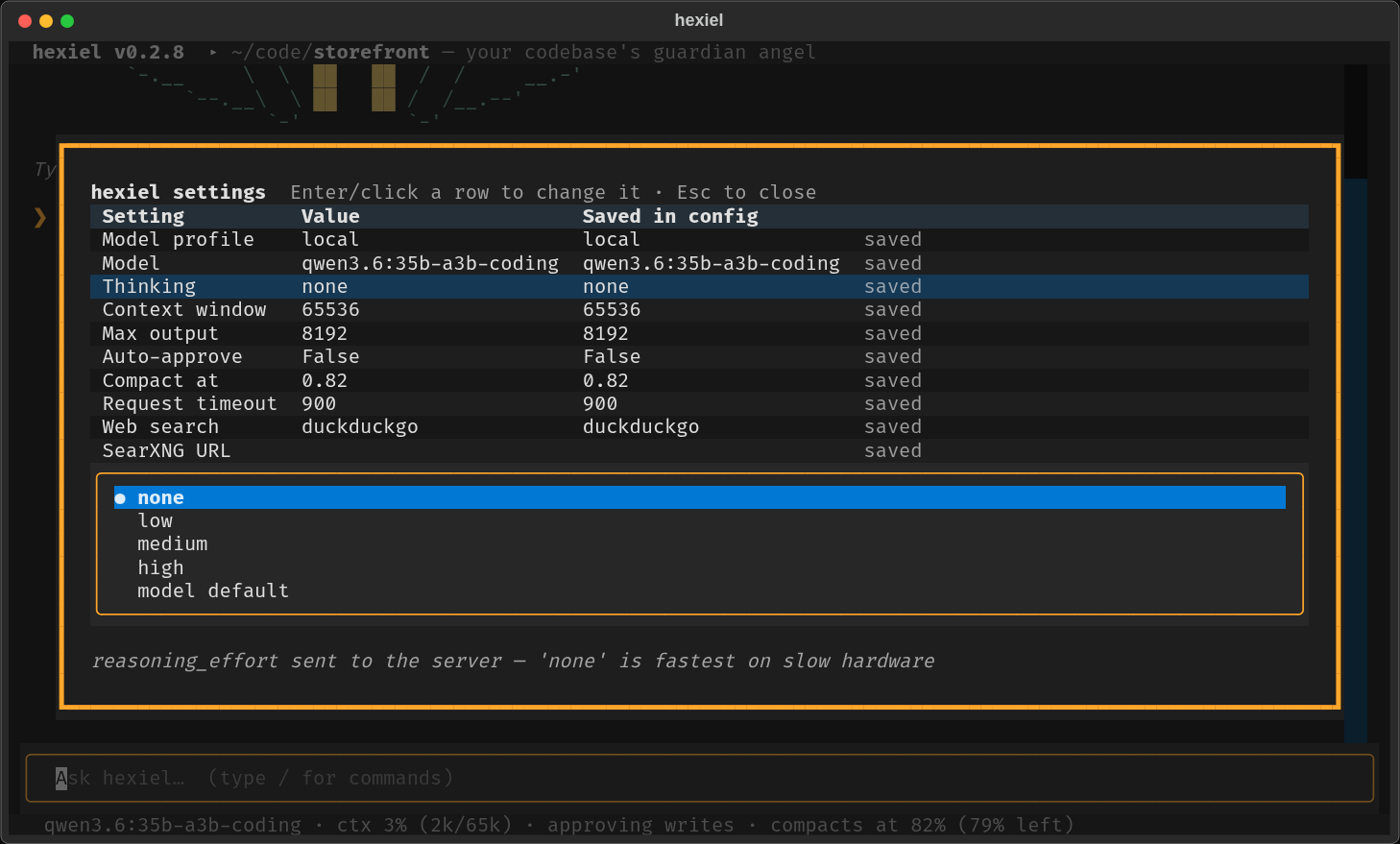 hexiel's settings editor table in the terminal