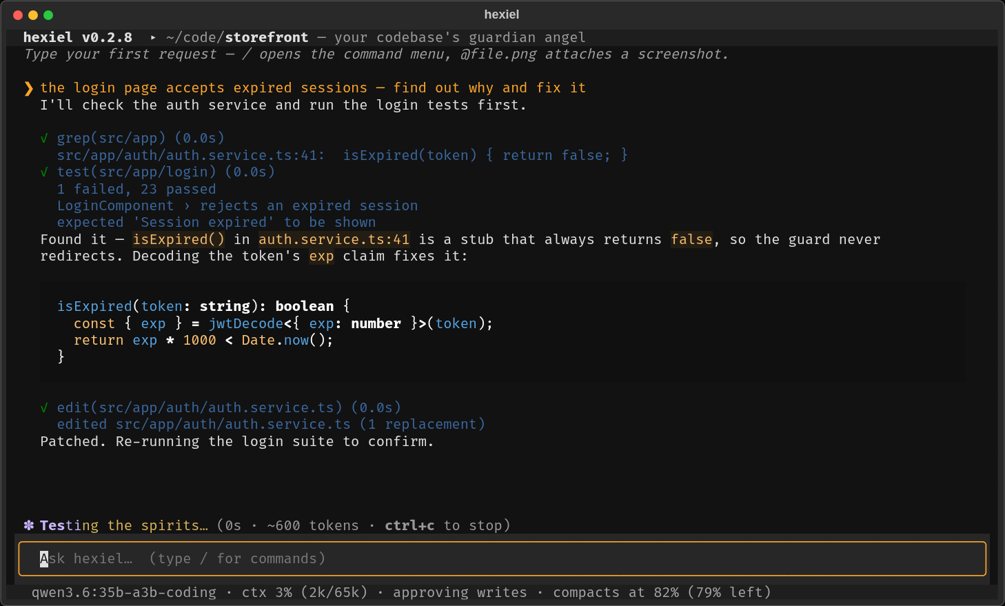 hexiel's terminal UI finding and fixing an expired-session bug in an Angular app