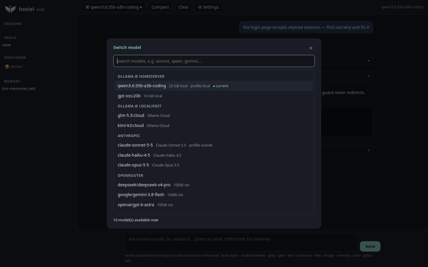 hexiel's live model picker listing local, Ollama Cloud, Claude and OpenRouter models