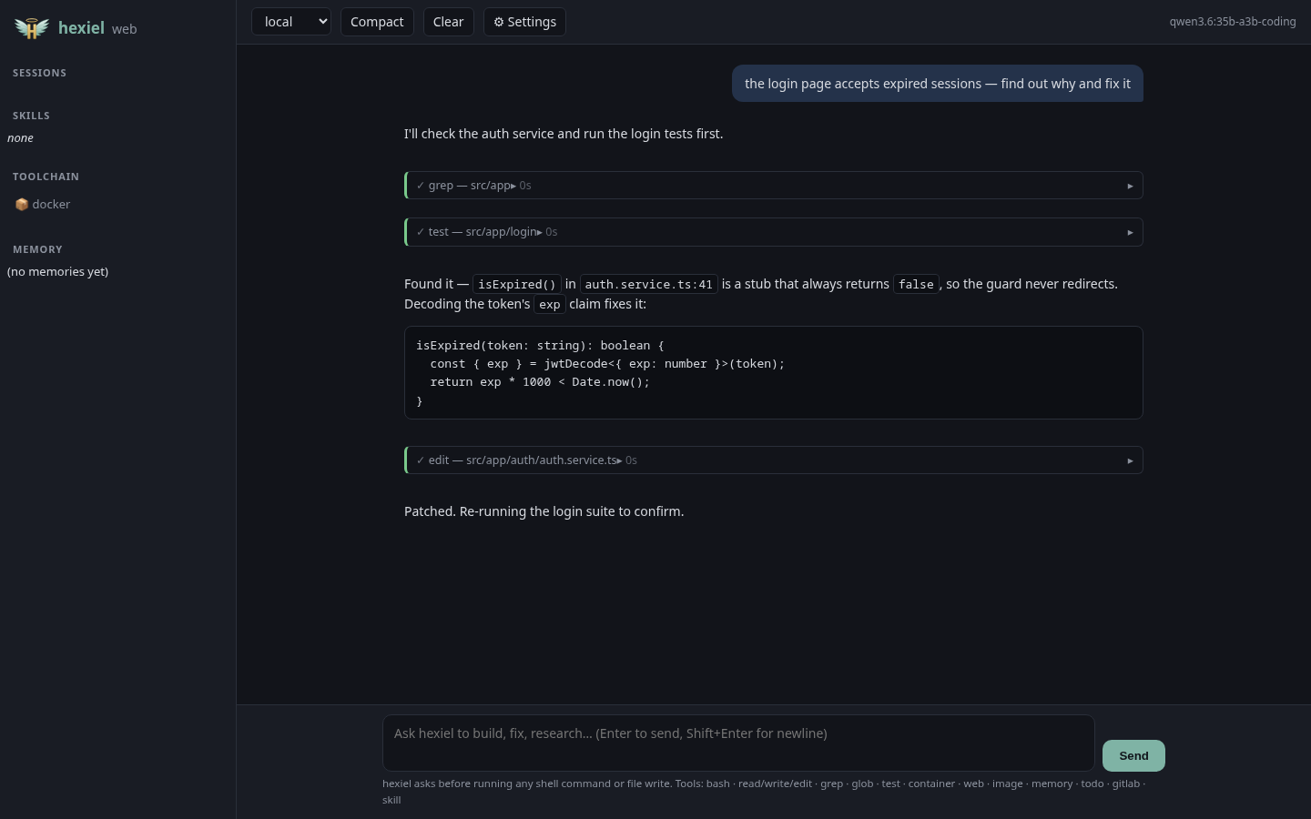 hexiel's browser UI showing a conversation with tool calls